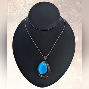 Lia Sophia Necklace "Deep Sea" Pendant Hematite-Silver Cats Eye Snake Chain 19"